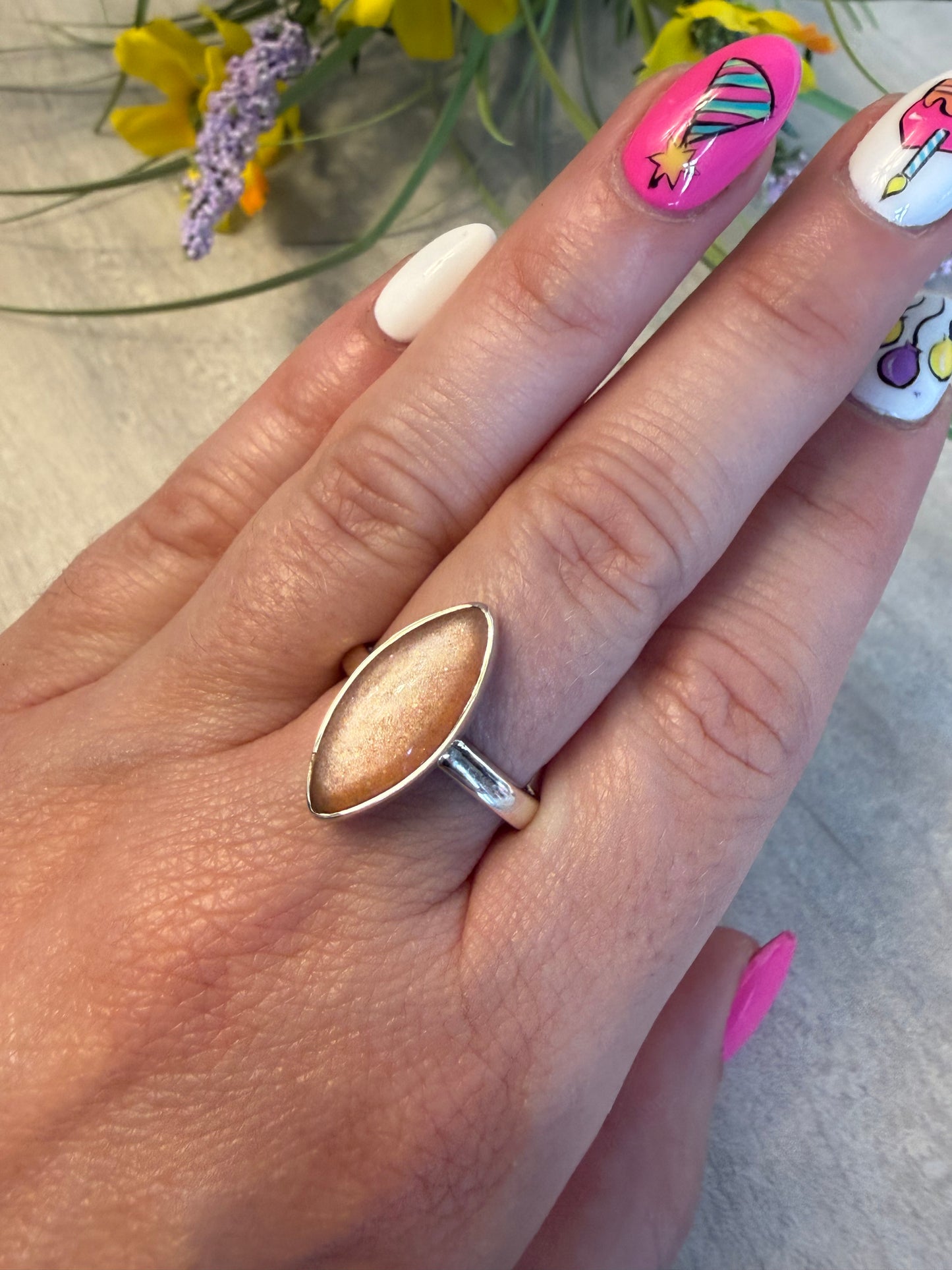 Peach Moonstone Adjustable 925 Silver Ring