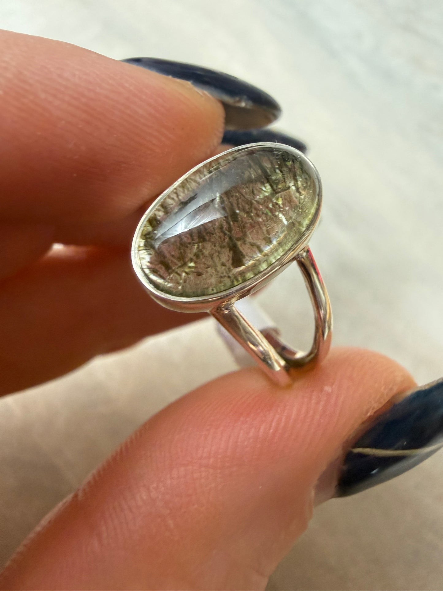 Green Rutile 925 Silver Ring - Size O 1/2