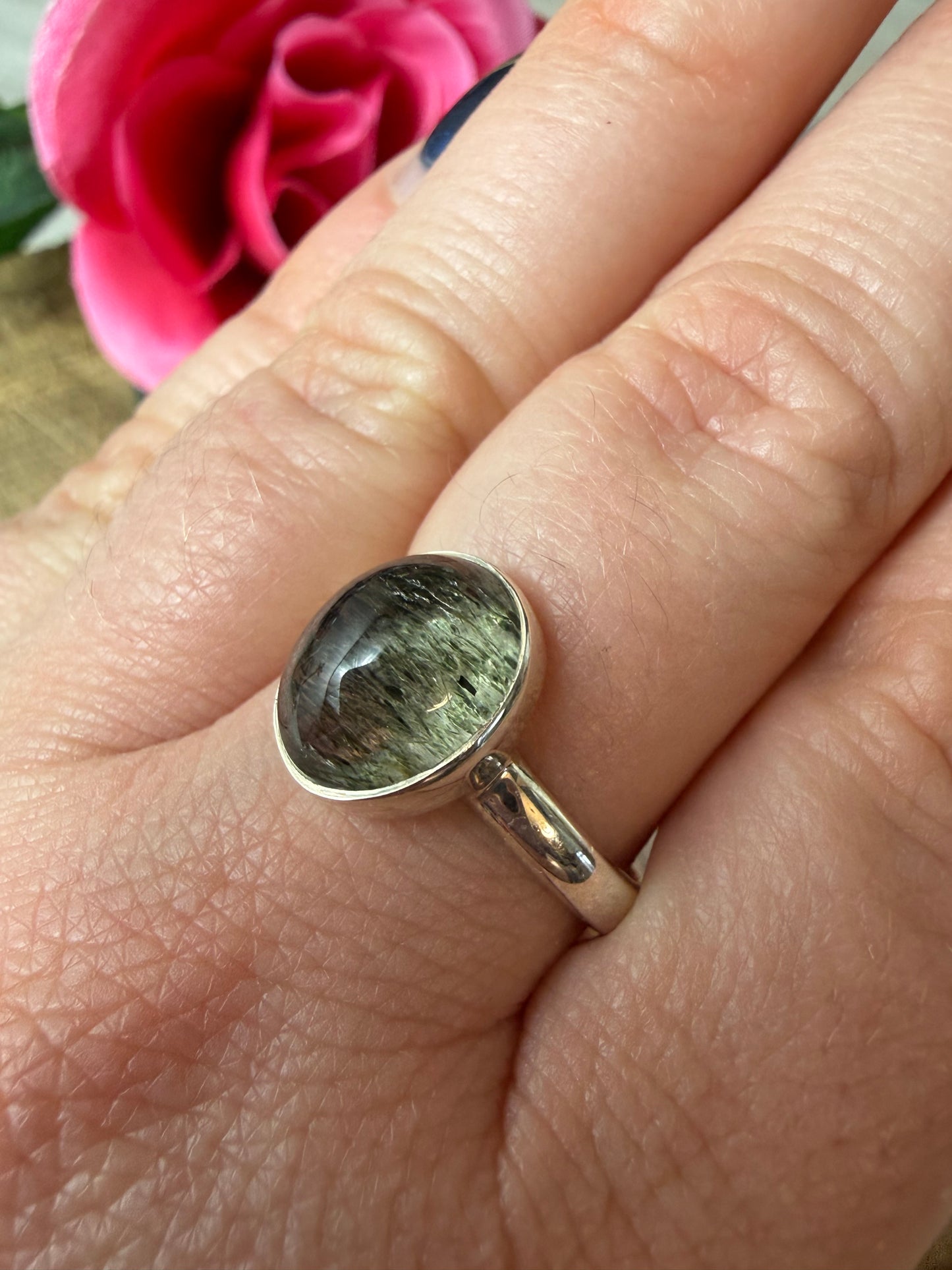 Green Rutile 925 Silver Ring - Size Q