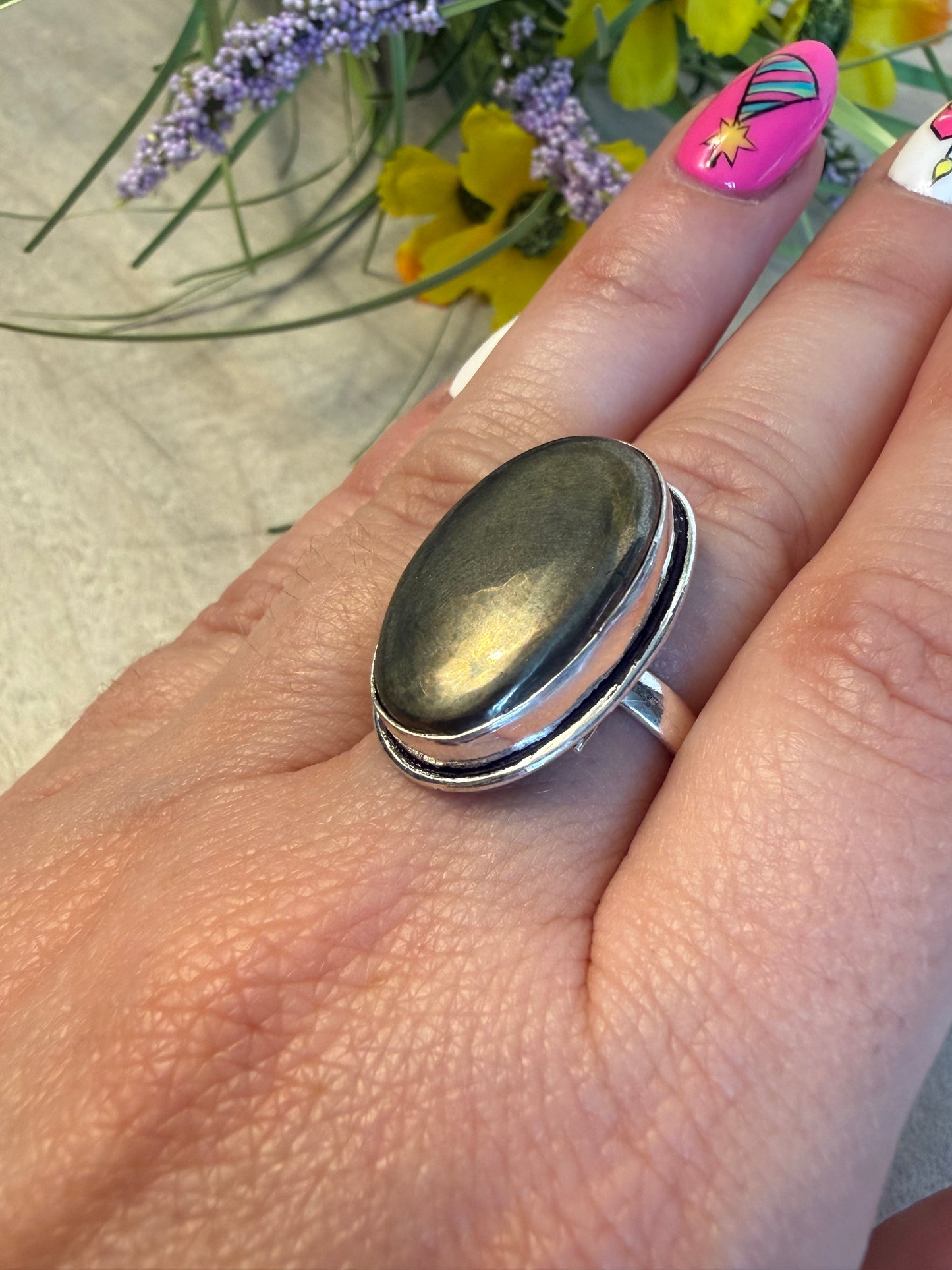 Pyrite Adjustable Silver Plated Ring