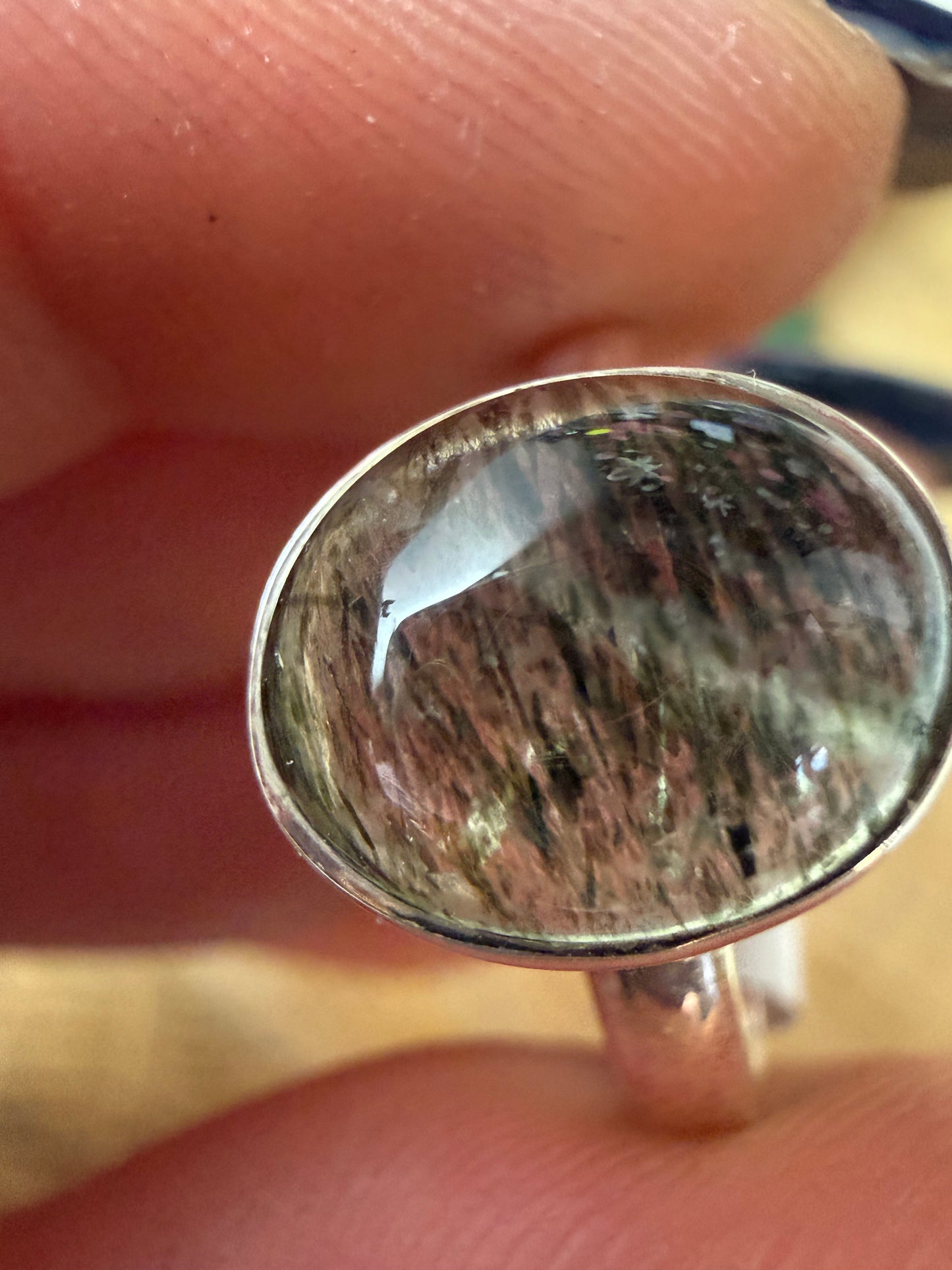 Green Rutile 925 Silver Ring - Size Q