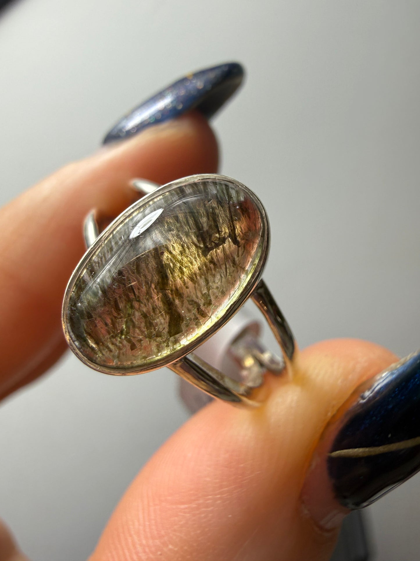 Green Rutile 925 Silver Ring - Size O 1/2