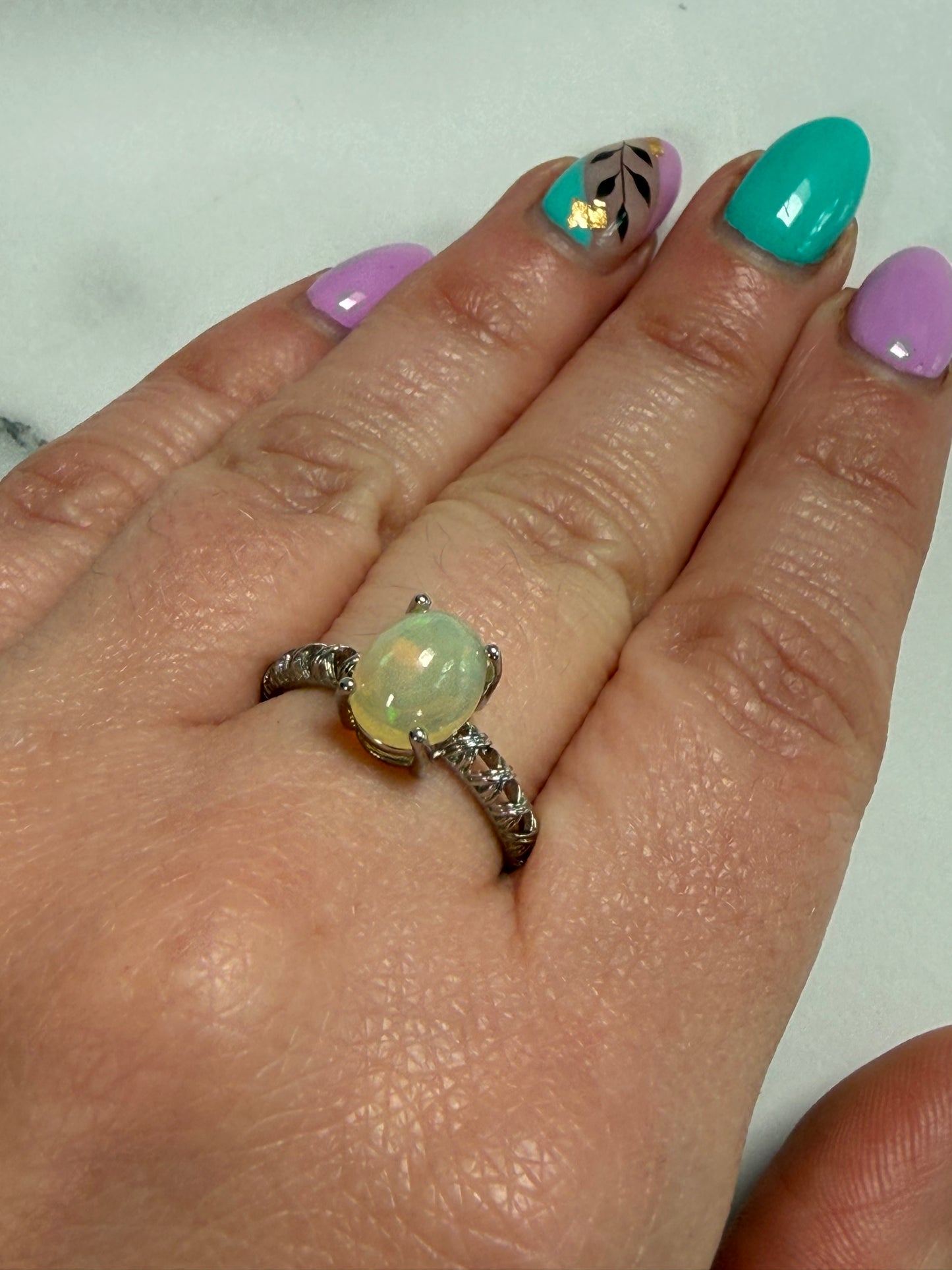 Opal Adjustable Silver Plated Ring