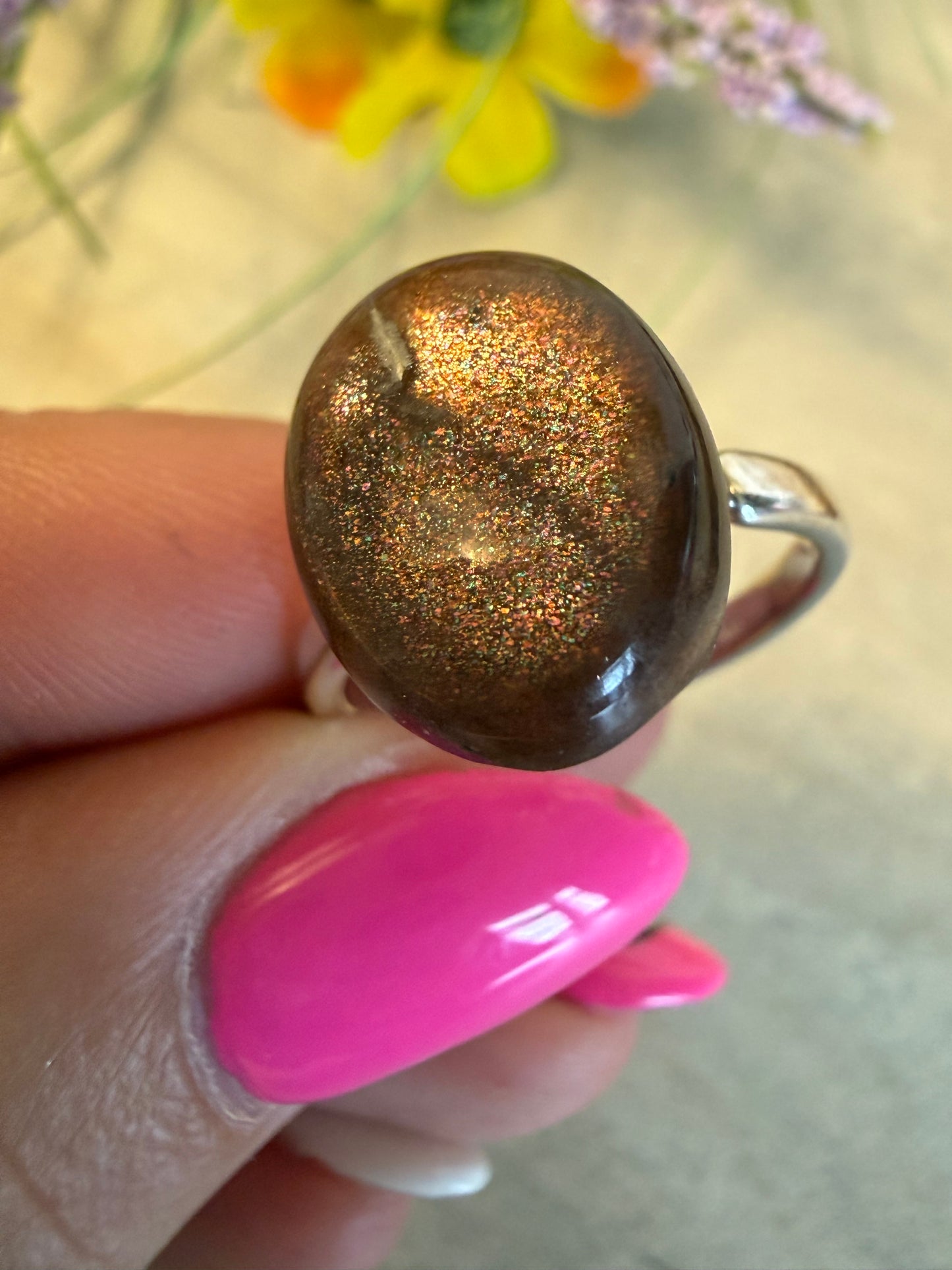Handmade Confetti Sunstone Adjustable 925 Silver Ring
