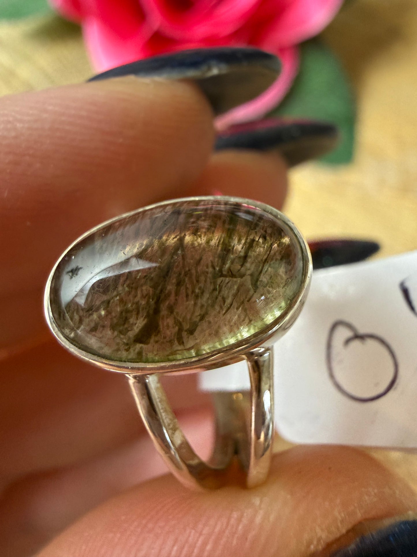 Green Rutile 925 Silver Ring - Size O 1/2
