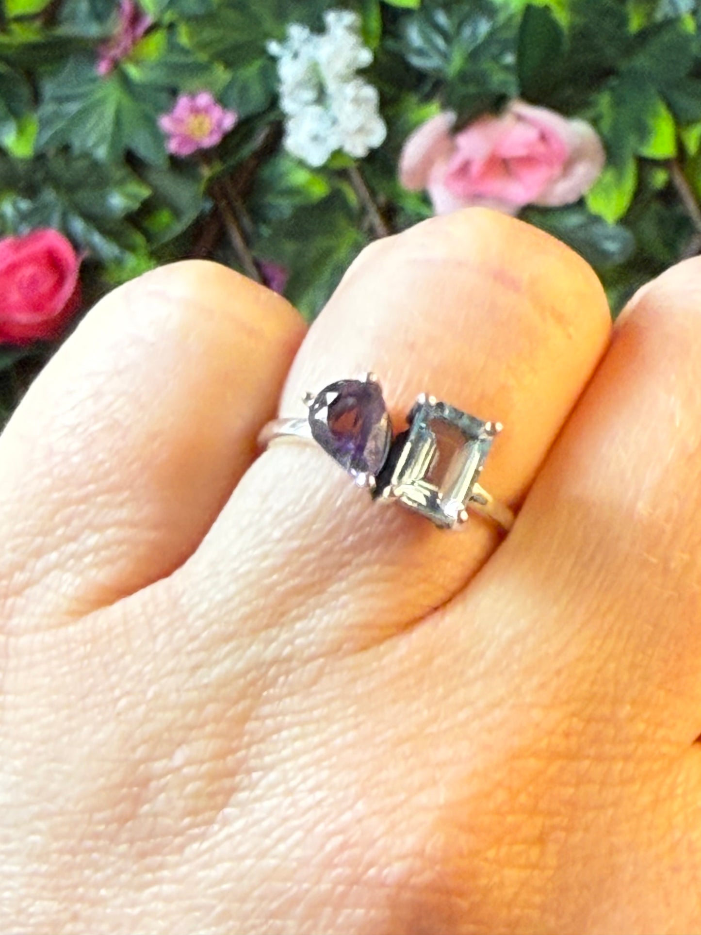 Duo Double Stone - Topaz / Amethyst 925 Silver Ring - Size M