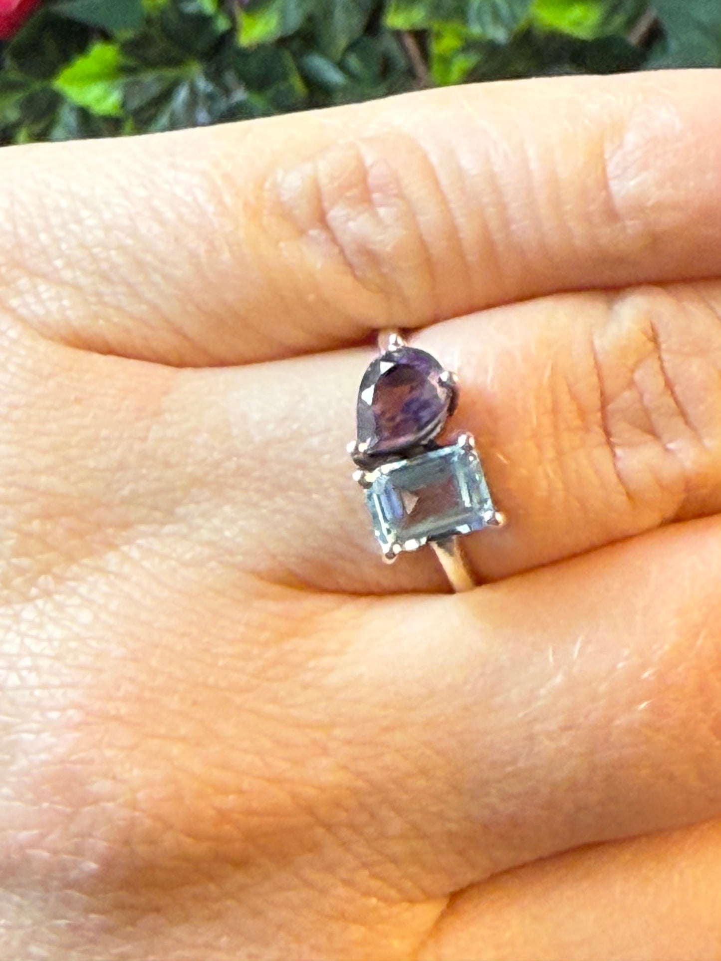 Duo Double Stone - Topaz / Amethyst 925 Silver Ring - Size M