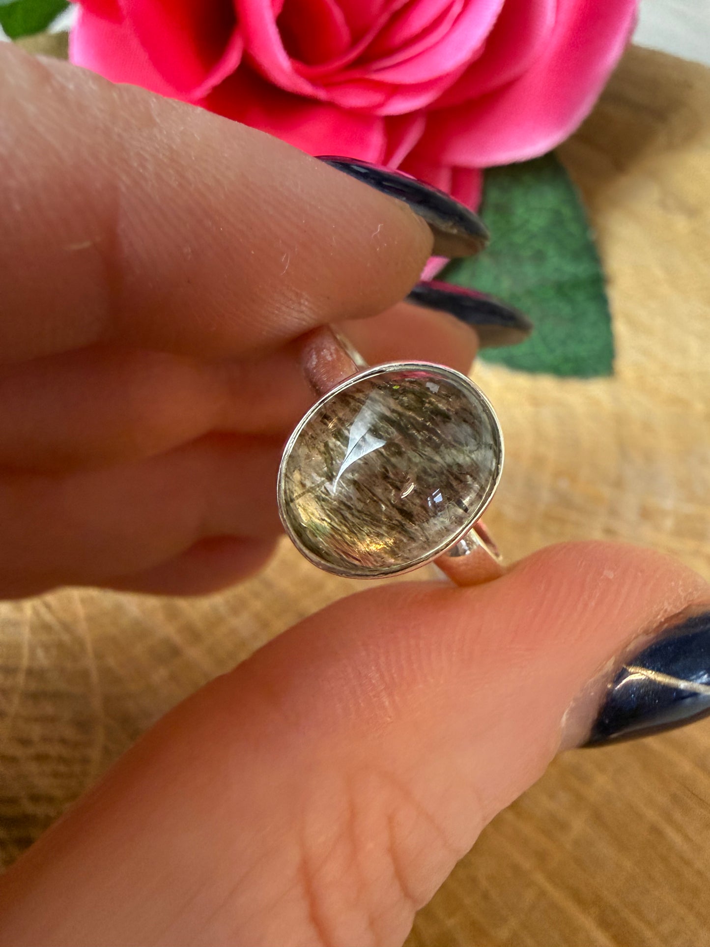 Green Rutile 925 Silver Ring - Size Q
