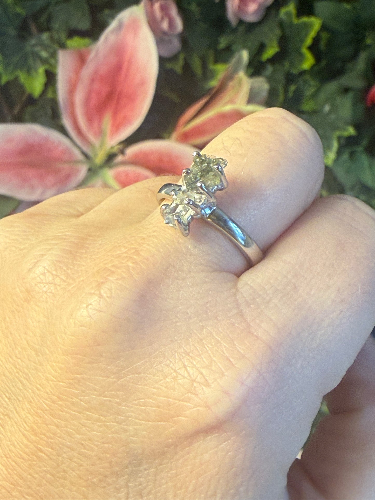 Herkimer diamond & Moldavite 925 Silver Ring - Size R