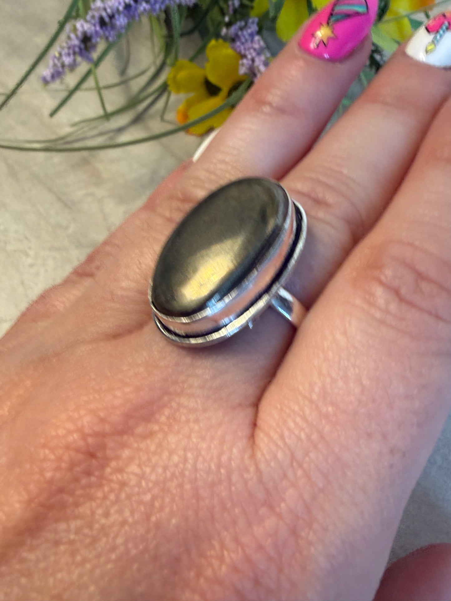 Pyrite Adjustable Silver Plated Ring