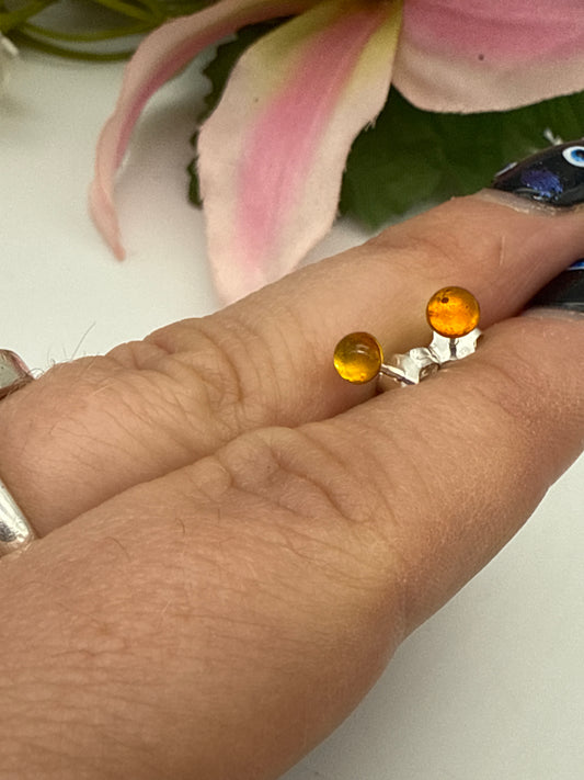 Handmade Amber 925 Earrings Studs - 4mm