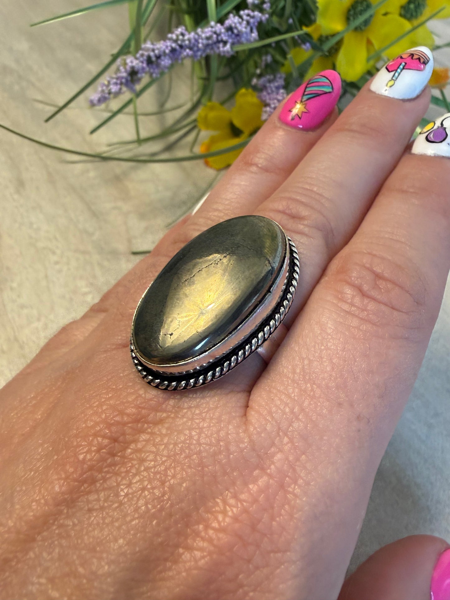 Pyrite Silver Plated Ring - Size N