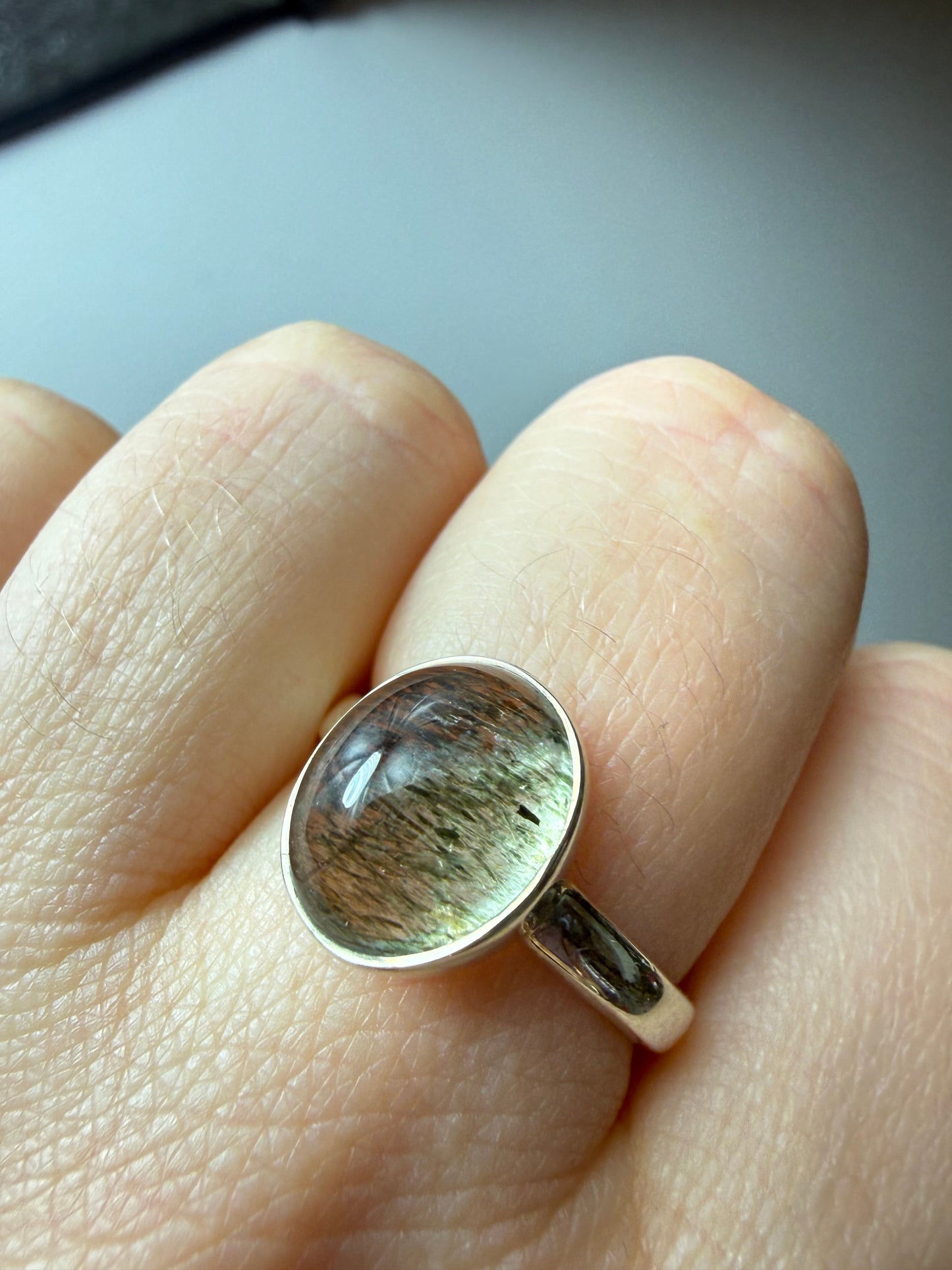 Green Rutile 925 Silver Ring - Size Q