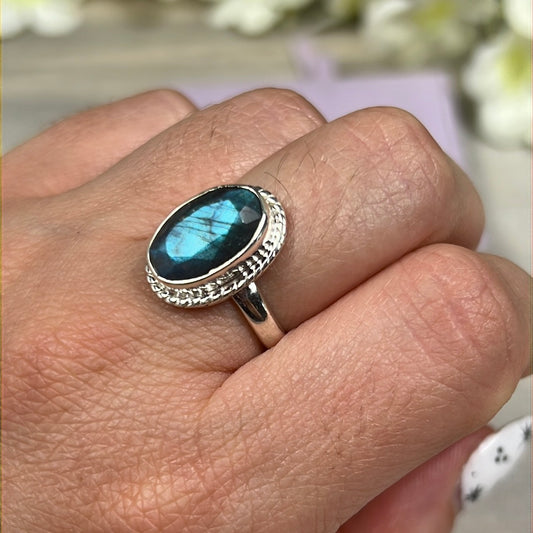 Labradorite Facet 925 Sterling Silver Ring - Size L 1/2