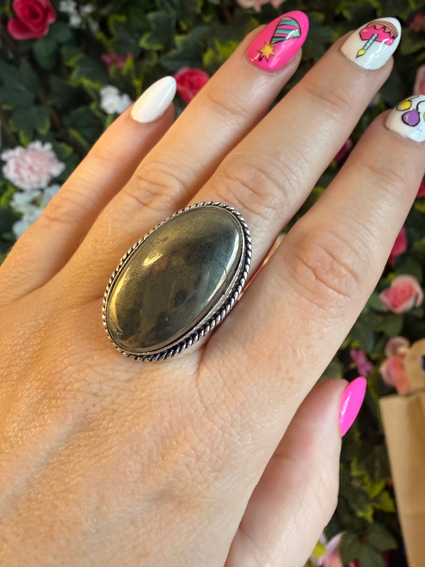 Pyrite Silver Plated Ring - Size N