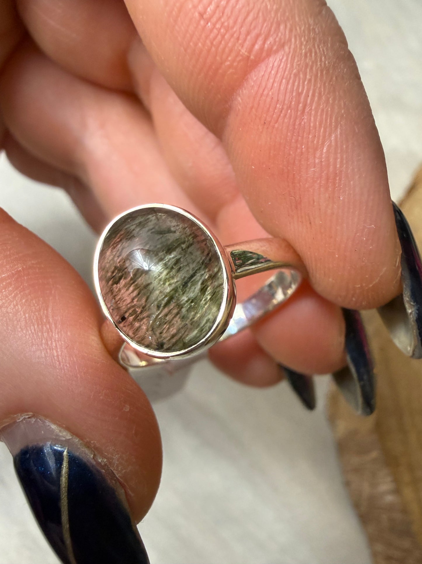 Green Rutile 925 Silver Ring - Size Q