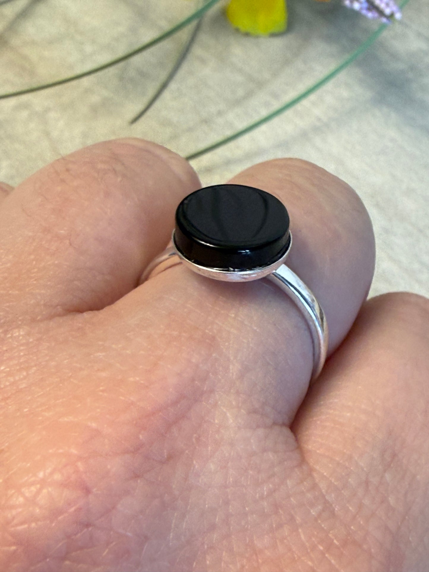 Handmade Black Agate 925 Silver Ring - Size N - N1/2