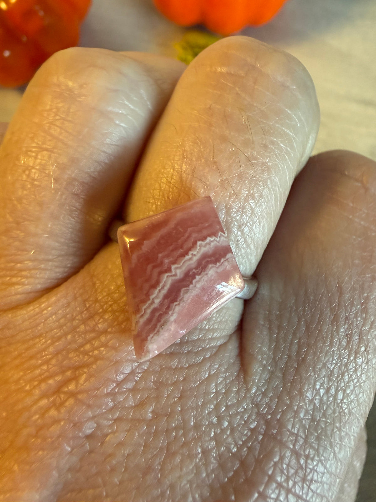 Handmade Rhodochrosite Adjustable 925 Silver Ring