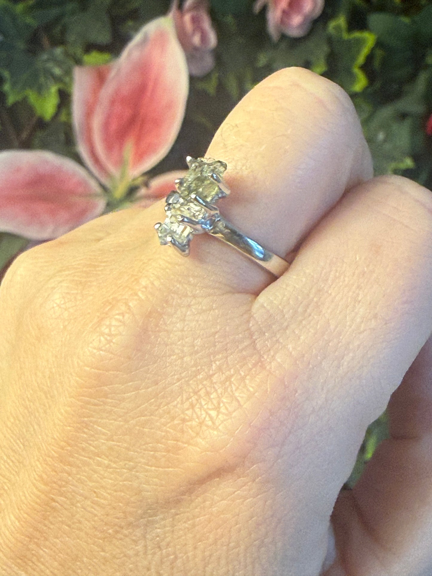 Herkimer diamond & Moldavite 925 Silver Ring - Size R