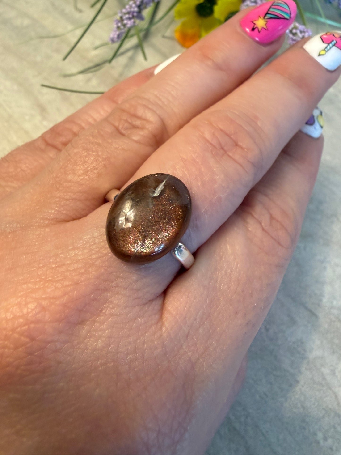 Handmade Confetti Sunstone Adjustable 925 Silver Ring