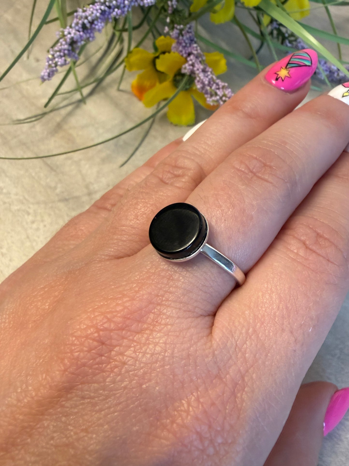 Handmade Black Agate 925 Silver Ring - Size N - N1/2