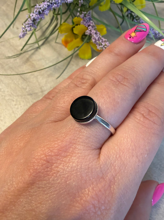Handmade Black Agate 925 Silver Ring - Size N - N1/2