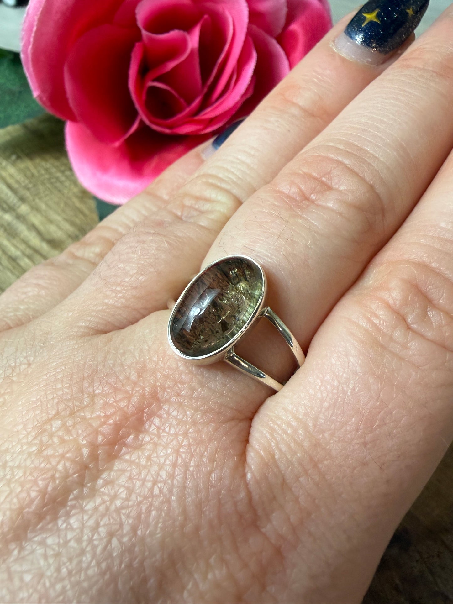 Green Rutile 925 Silver Ring - Size O 1/2