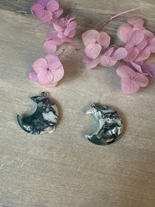 Moss Agate Moon Sterling Pendant