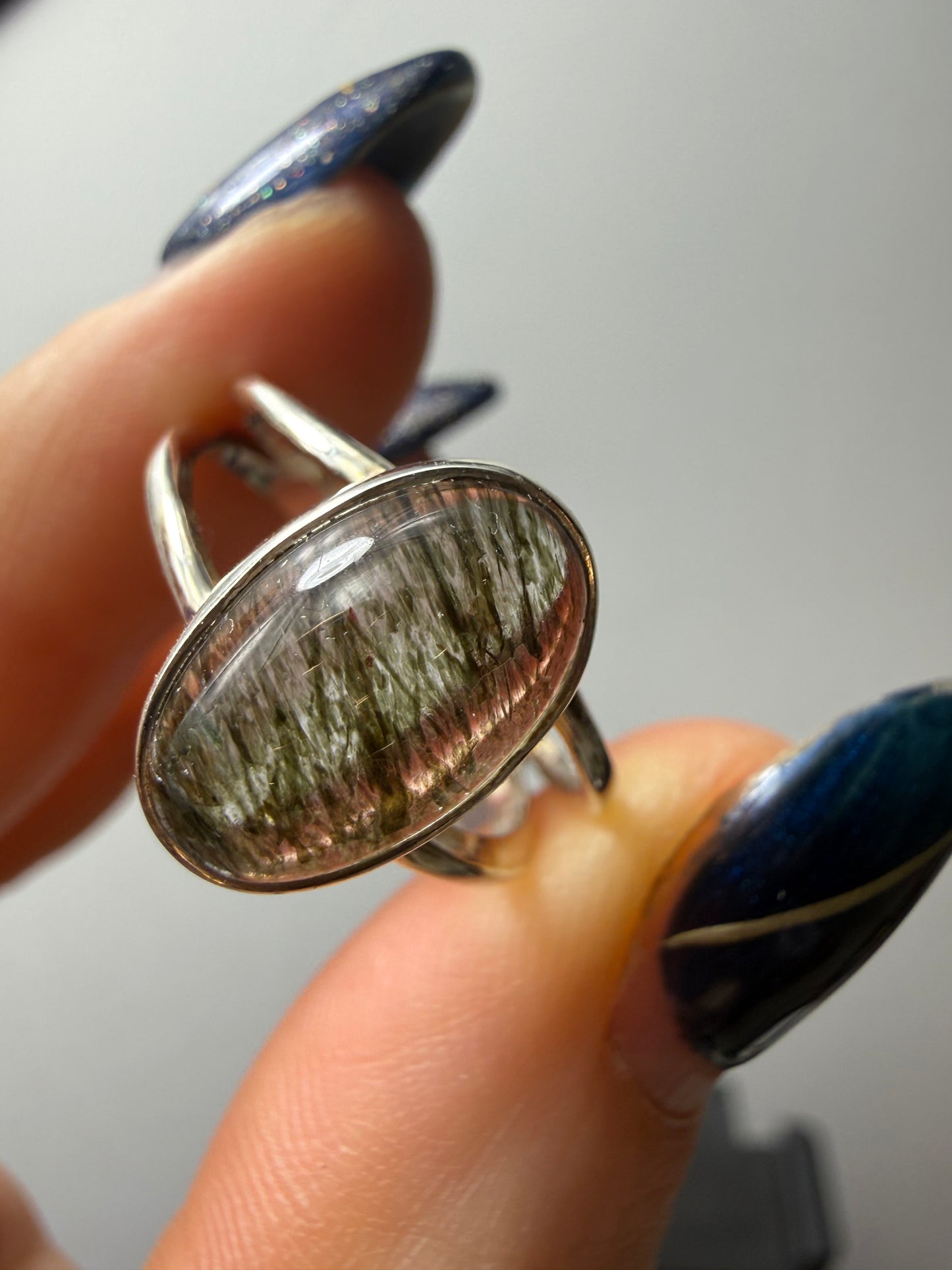 Green Rutile 925 Silver Ring - Size O 1/2