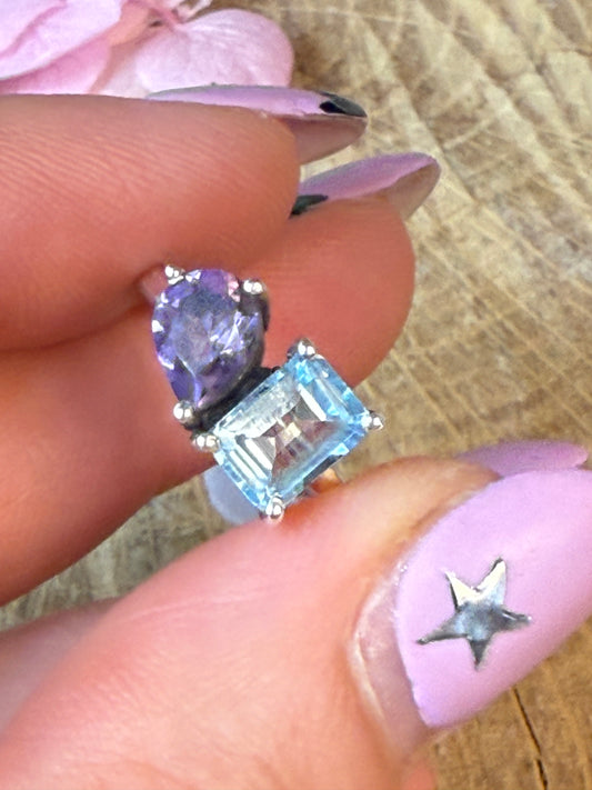 Duo Double Stone - Topaz / Amethyst 925 Silver Ring - Size M