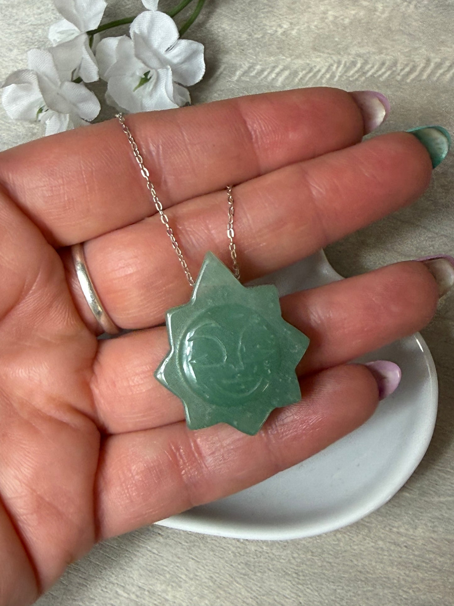 Green aventurine sun Pendant with chain