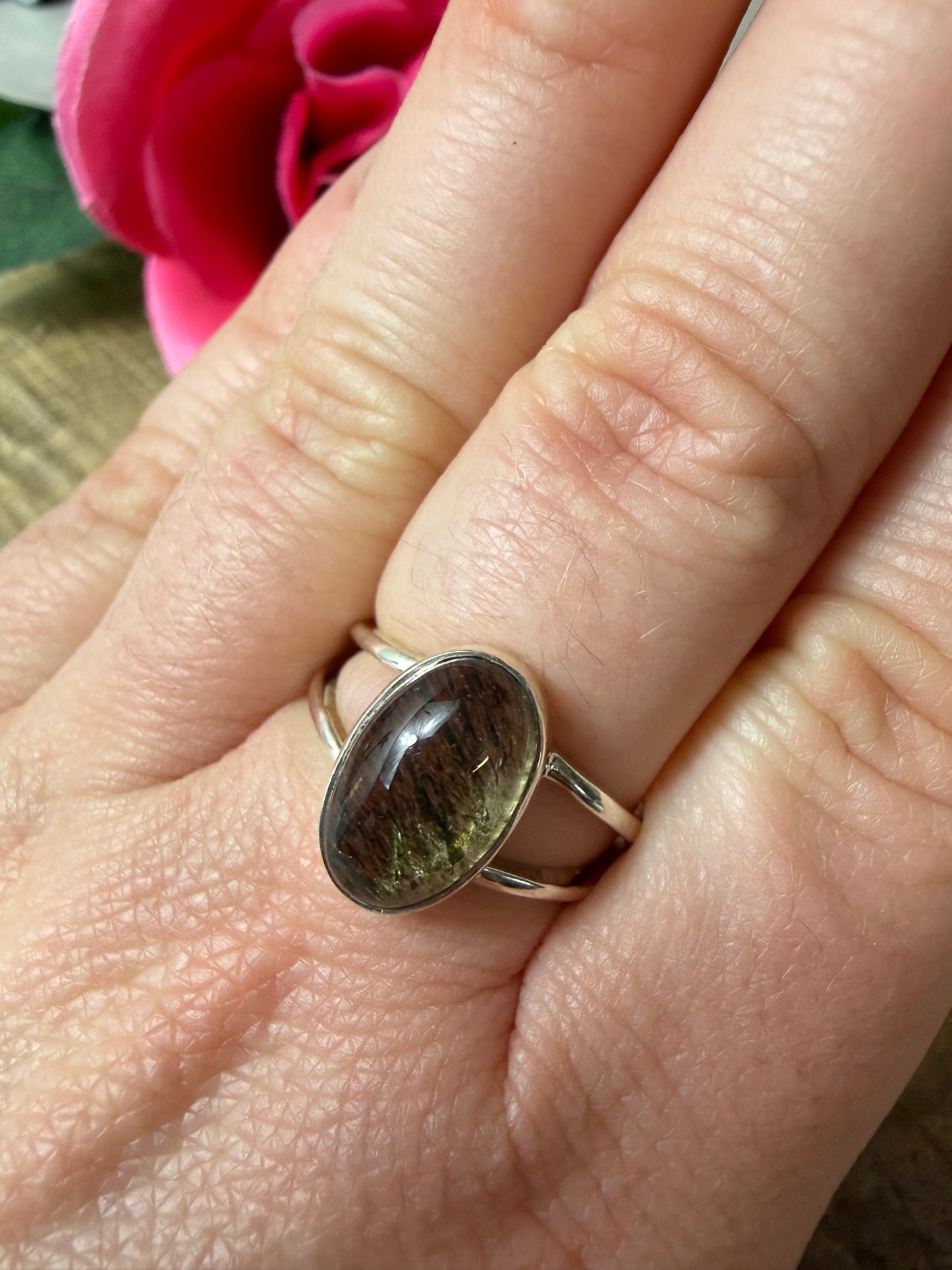Green Rutile 925 Silver Ring - Size O 1/2