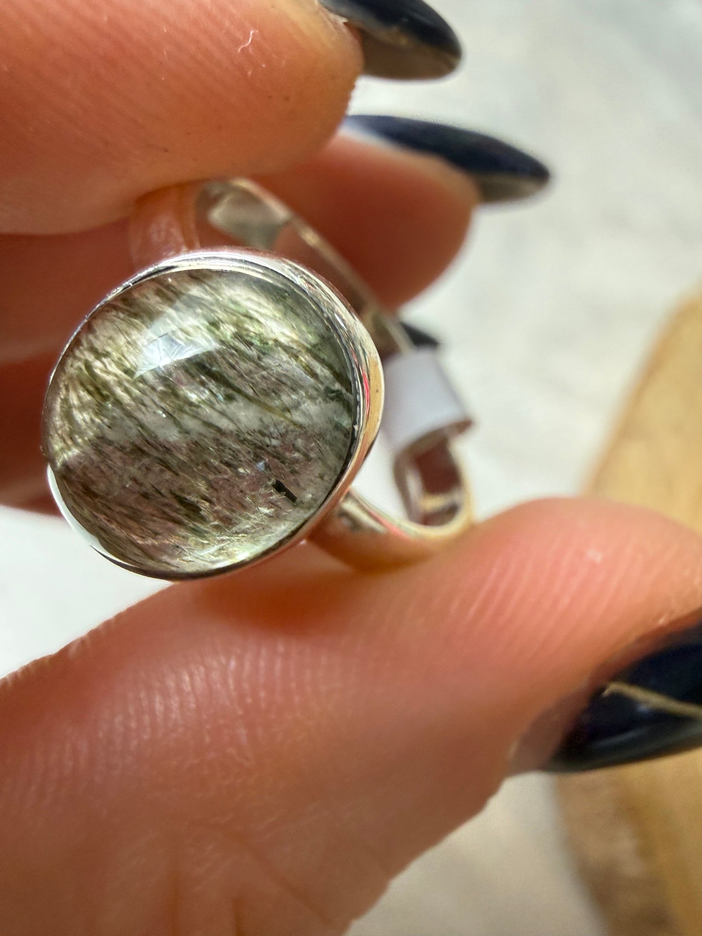 Green Rutile 925 Silver Ring - Size Q