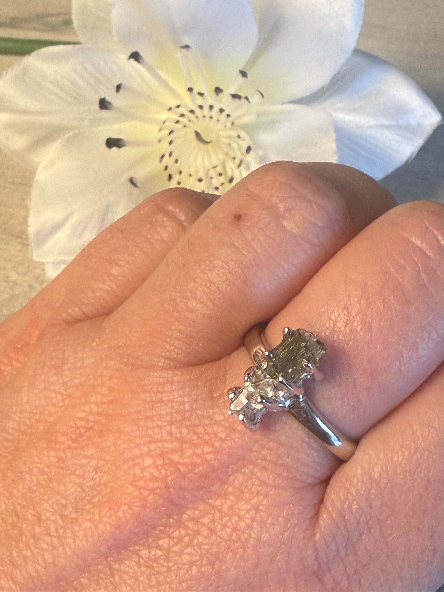 Herkimer diamond & Moldavite 925 Silver Ring - Size R