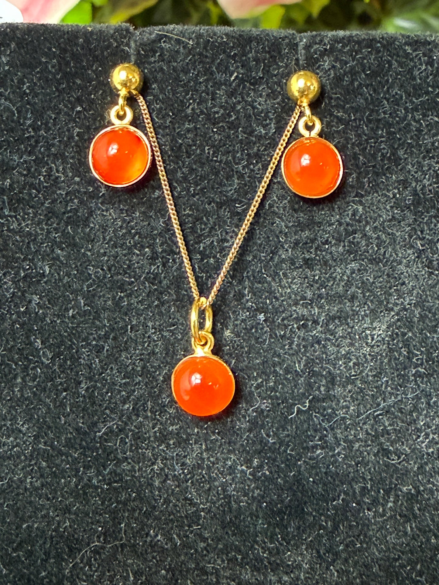 Carnelian Earring & Necklace 18K Gold Set