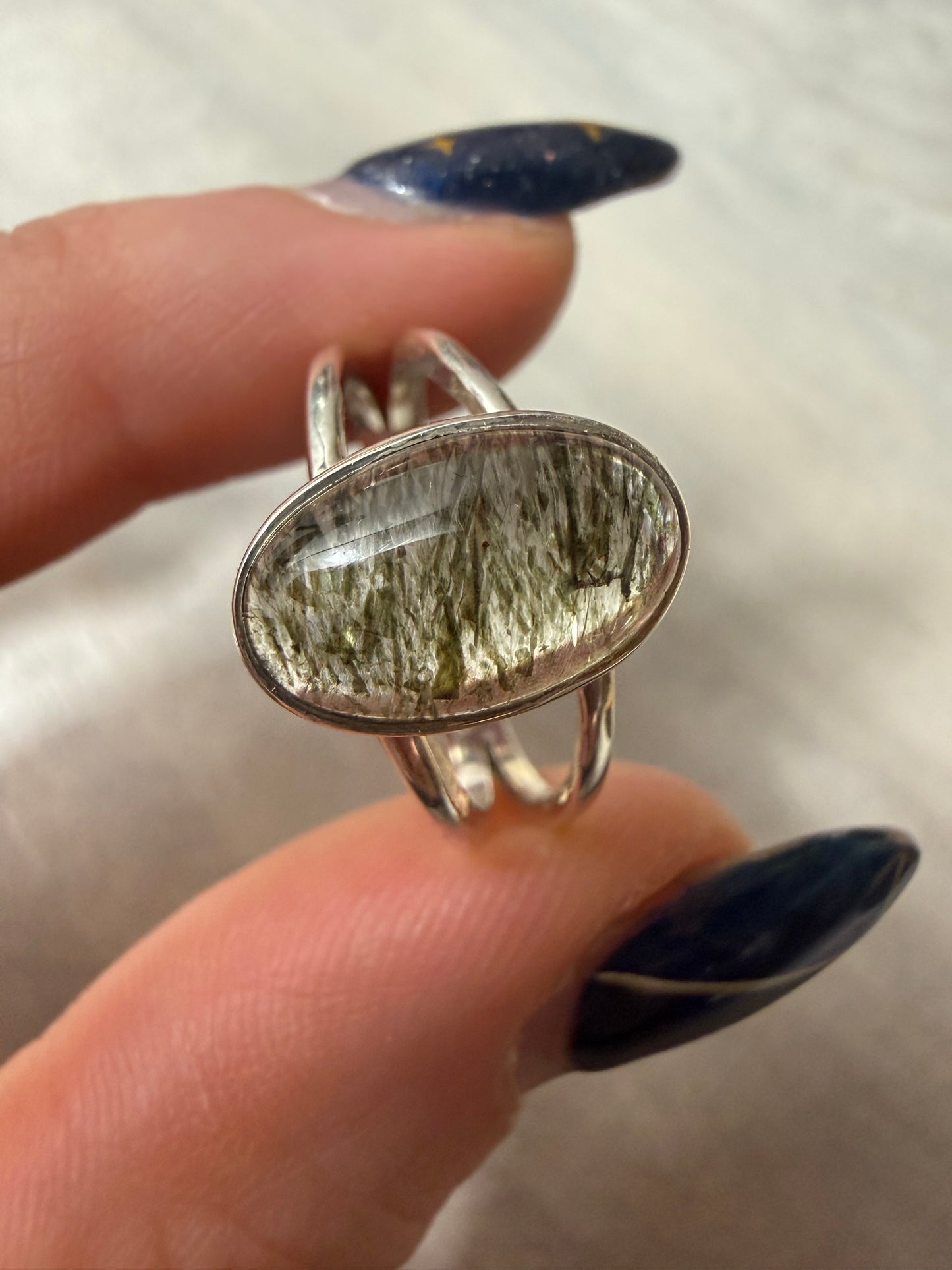 Green Rutile 925 Silver Ring - Size O 1/2