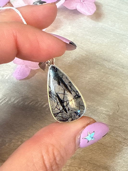 Black Rutile (black tourmaline) in Quartz - 925 Sterling Pendant