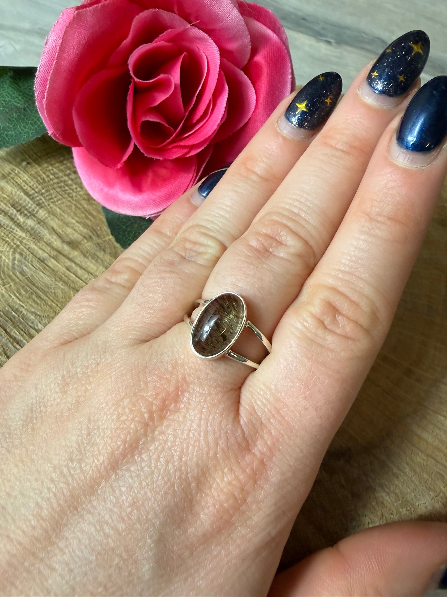 Green Rutile 925 Silver Ring - Size O 1/2