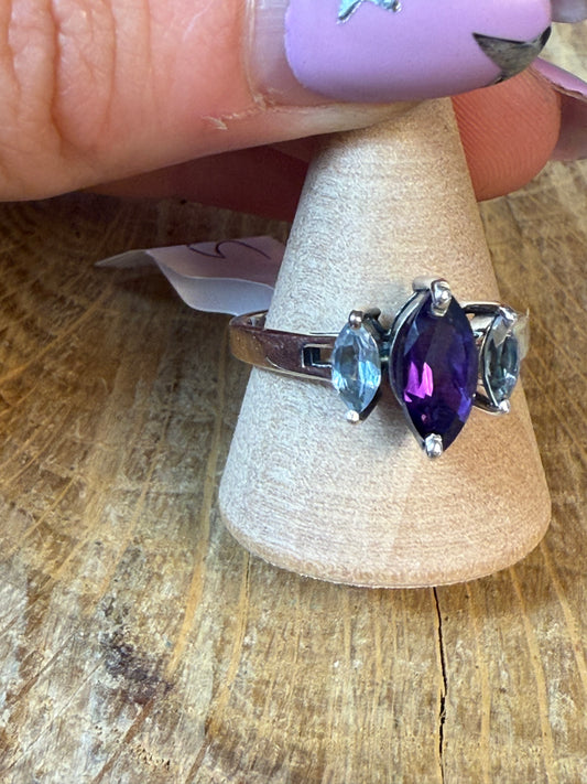 Triple Stone - Topaz / Amethyst 925 Silver Ring - Size S