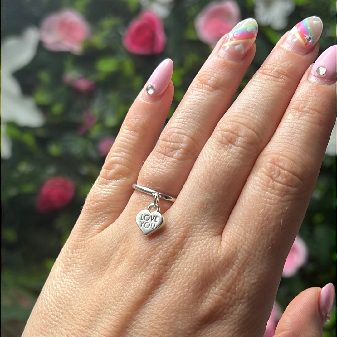 LOVE YOU Heart Dangle - 925 Sterling Silver Ring