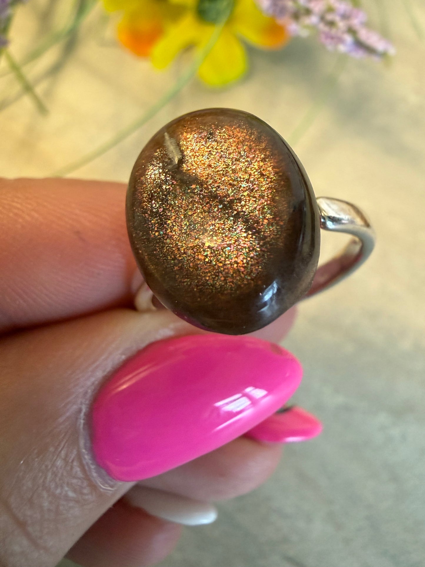 Handmade Confetti Sunstone Adjustable 925 Silver Ring
