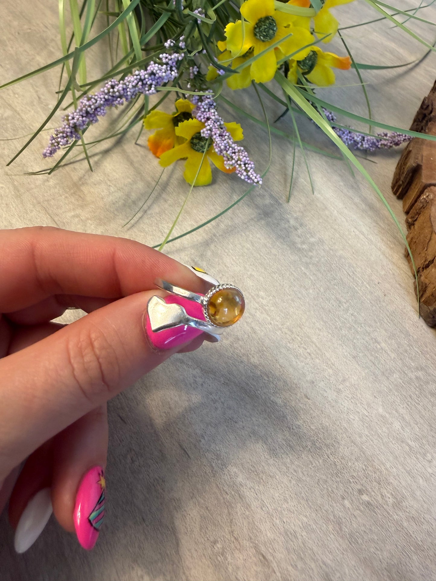Handmade Citrine Heart Adjustable 925 Silver Ring