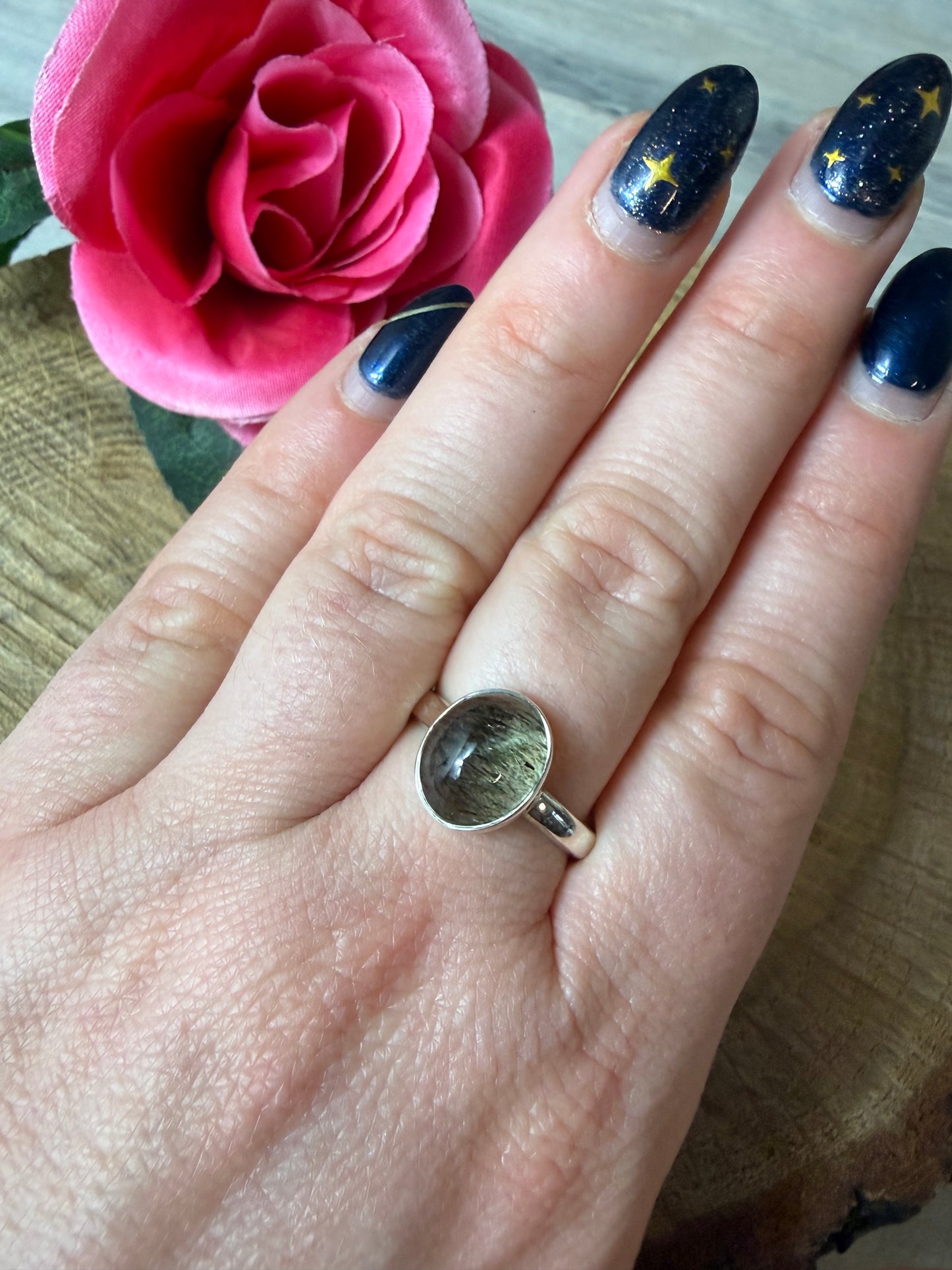 Green Rutile 925 Silver Ring - Size Q