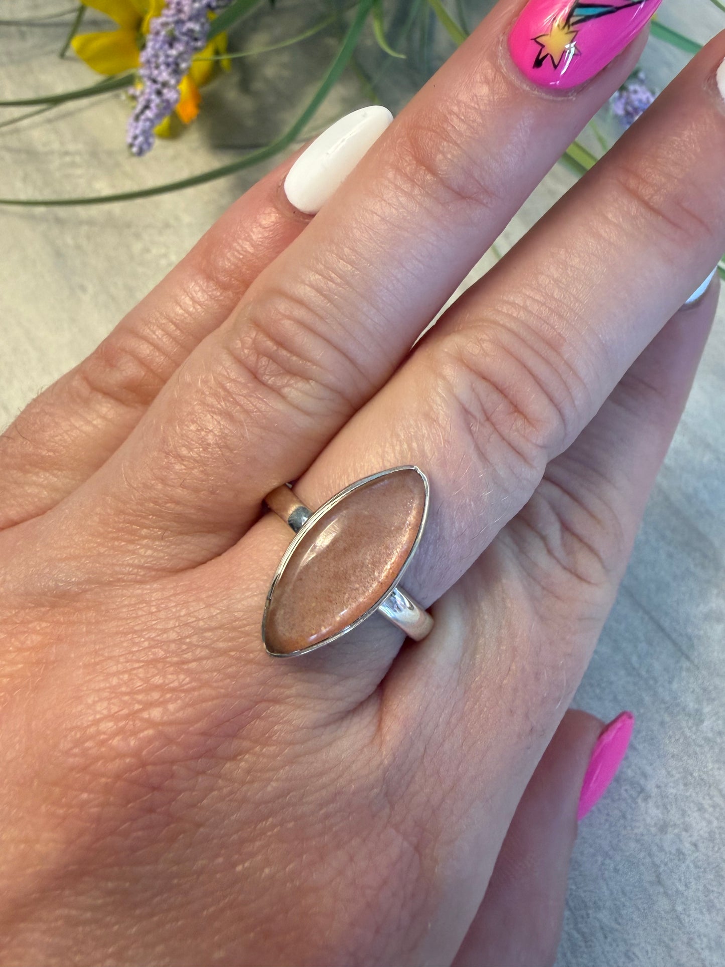 Peach Moonstone Adjustable 925 Silver Ring