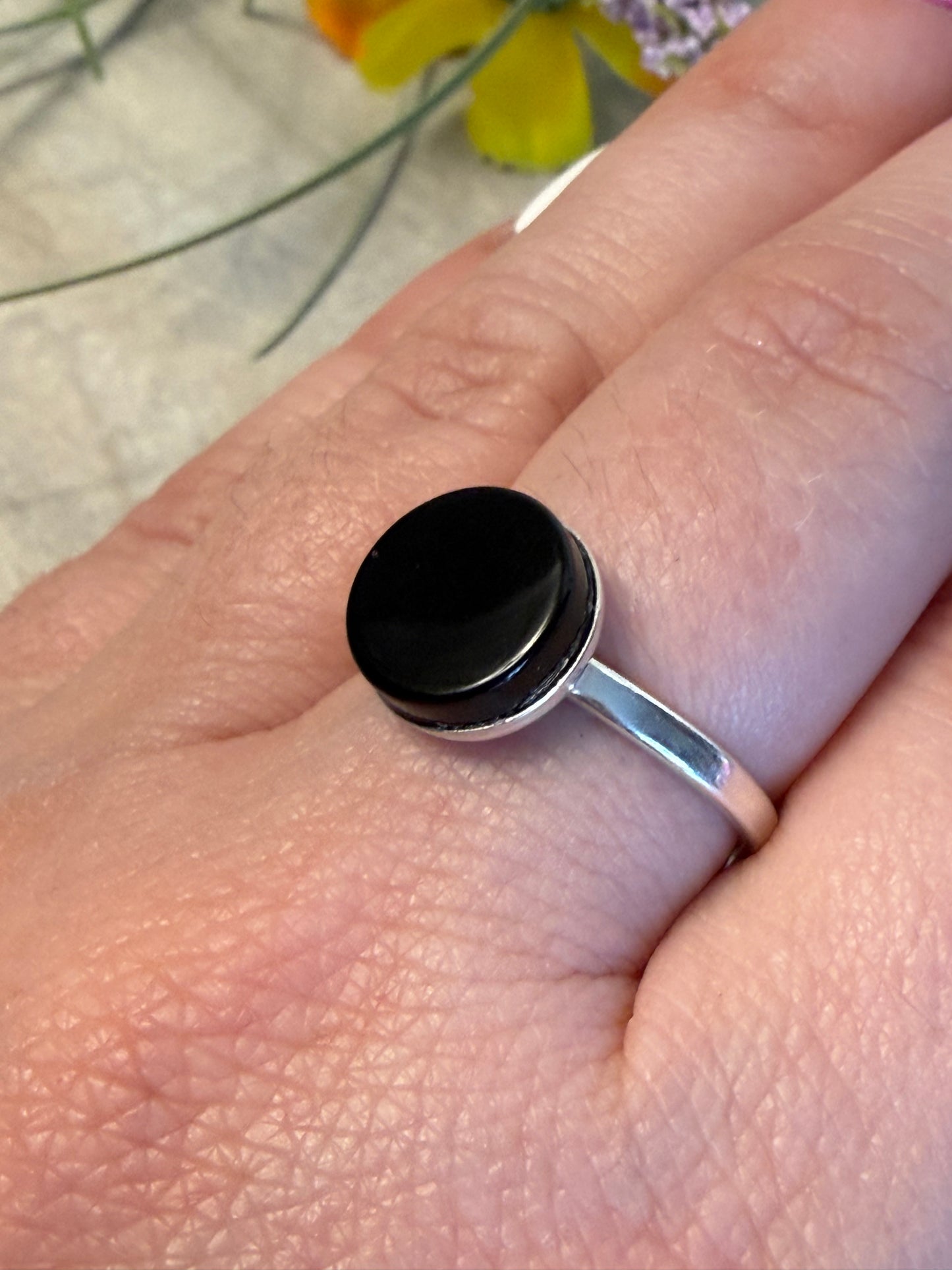 Handmade Black Agate 925 Silver Ring - Size N - N1/2