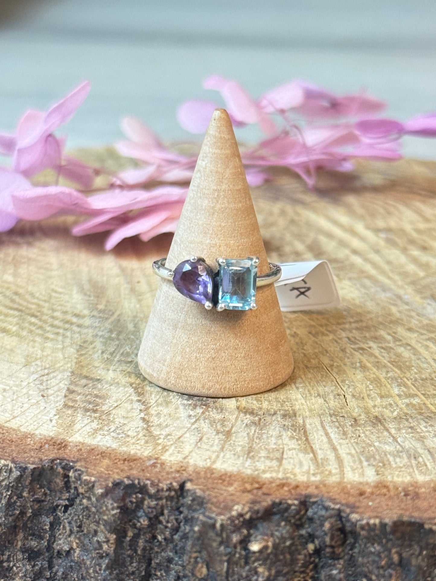 Duo Double Stone - Topaz / Amethyst 925 Silver Ring - Size M