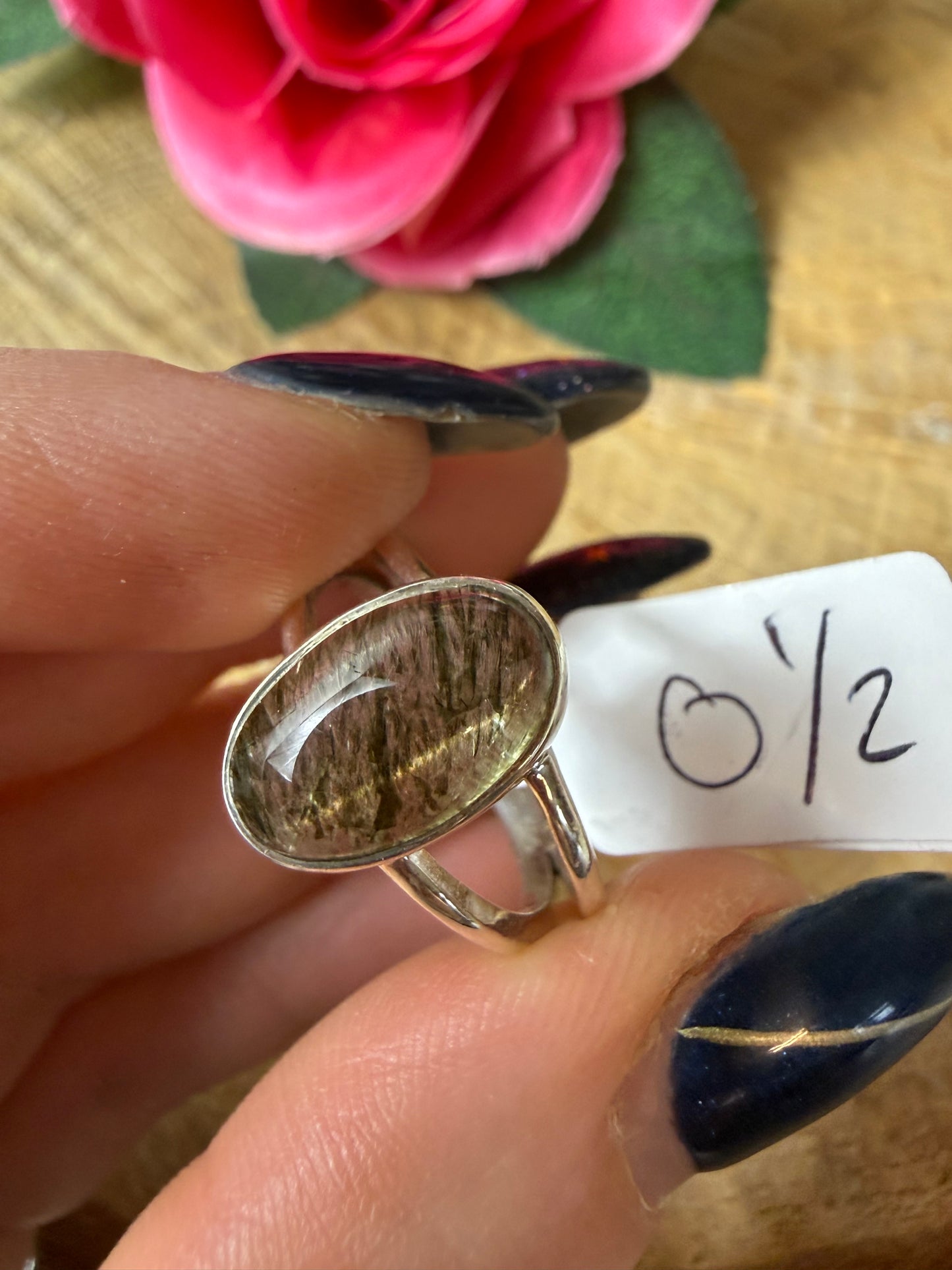 Green Rutile 925 Silver Ring - Size O 1/2