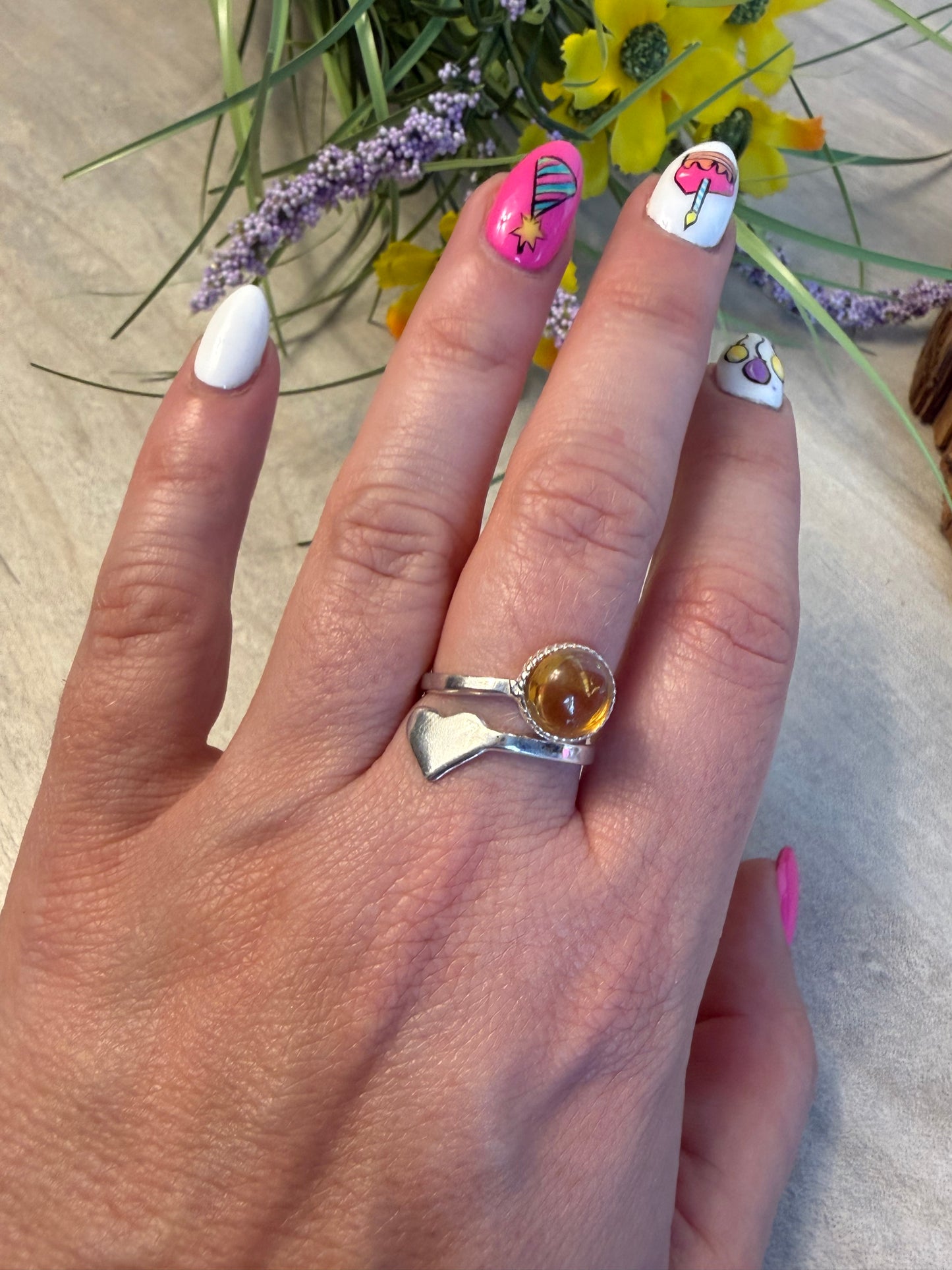 Handmade Citrine Heart Adjustable 925 Silver Ring