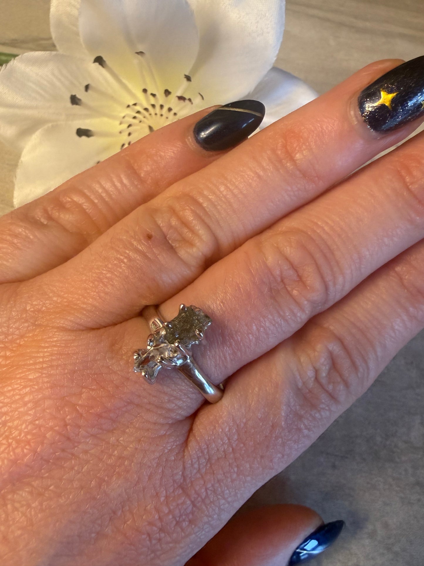 Herkimer diamond & Moldavite 925 Silver Ring - Size R