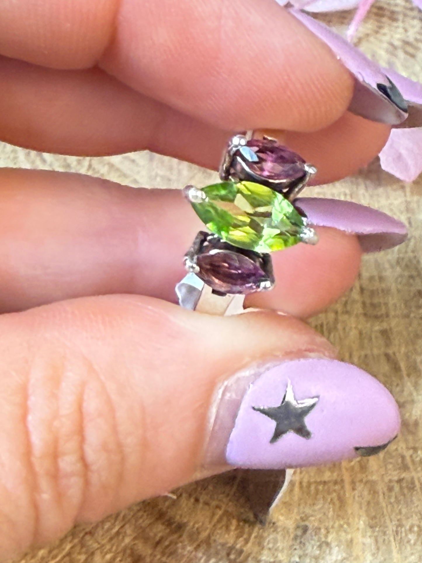 Triple Stone - Rhodolite Garnet / Peridot 925 Silver Ring - Size N 1/2